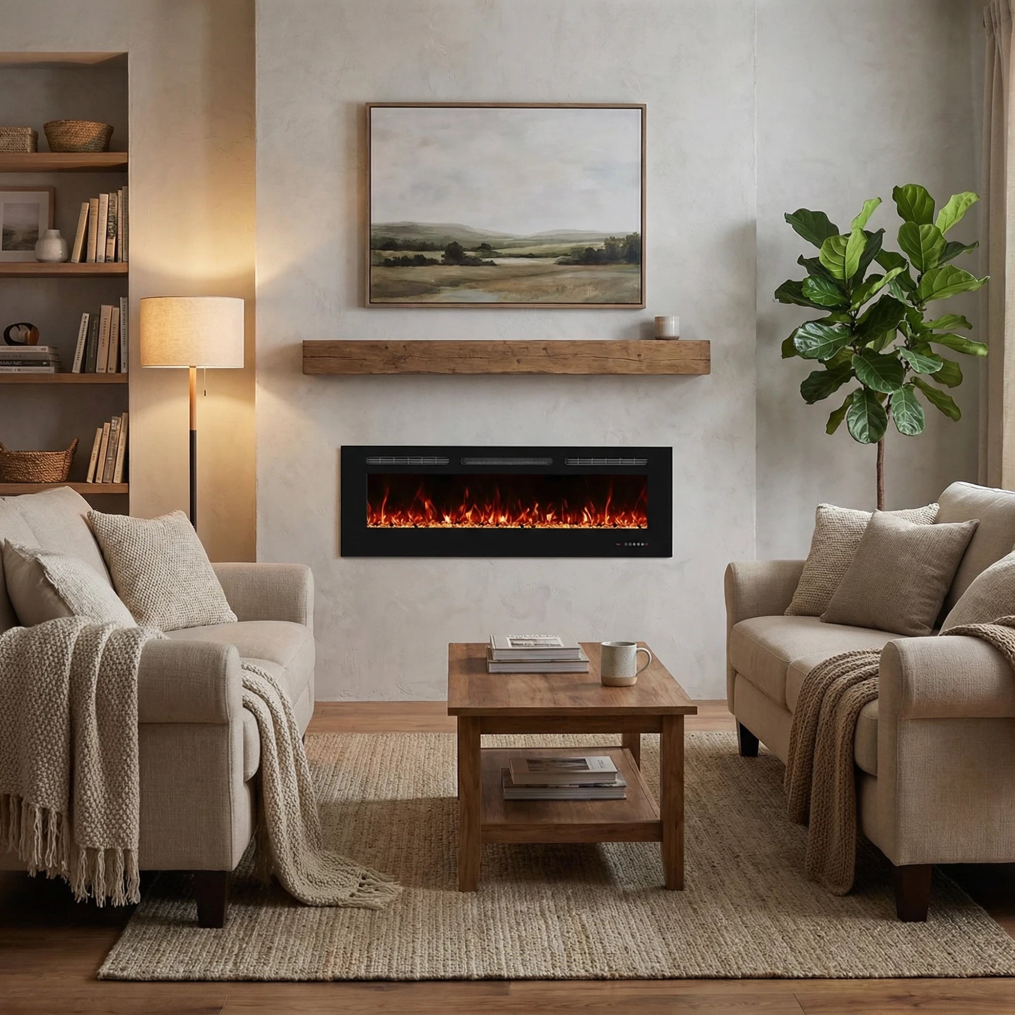 electric horizontal fireplace on wall