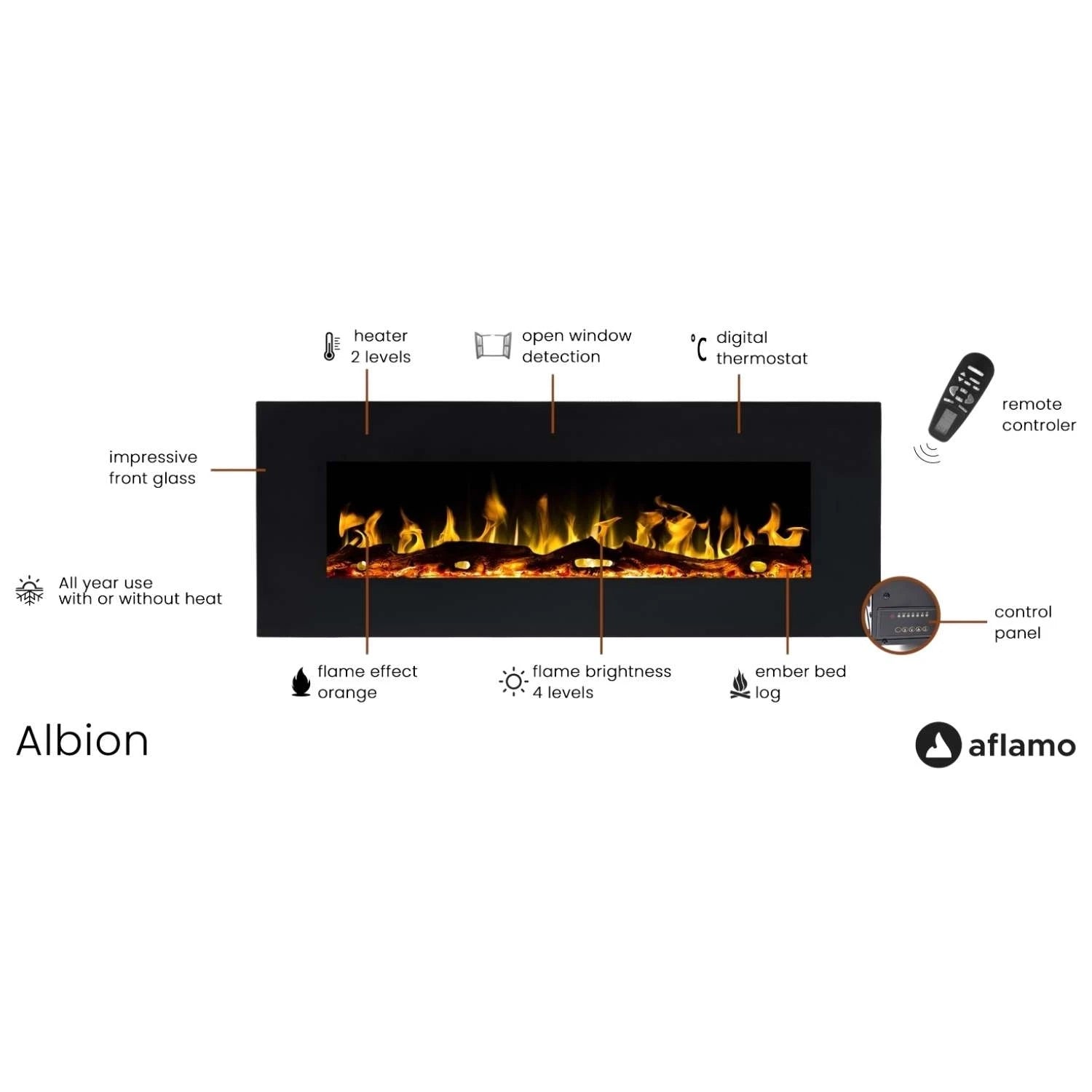 Albion 110 cm - falra szerelhető elektromos kandalló
