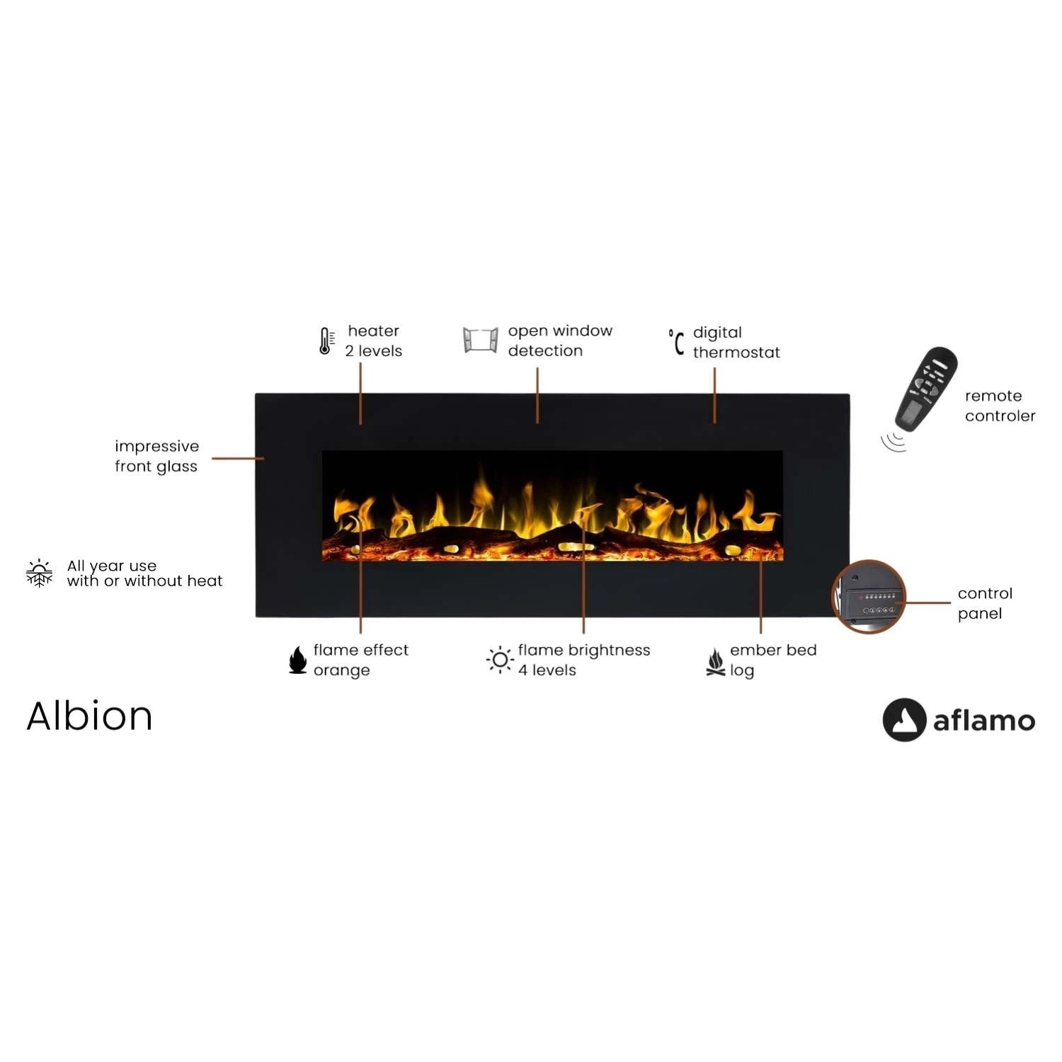 Albion 128 cm - falra szerelhető elektromos kandalló