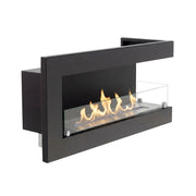 Right-facing corner bioethanol fireplace 85 cm with lit flames