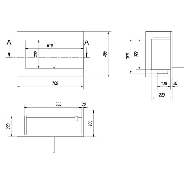 Sarok bio kandalló 70 cm (jobb oldali)