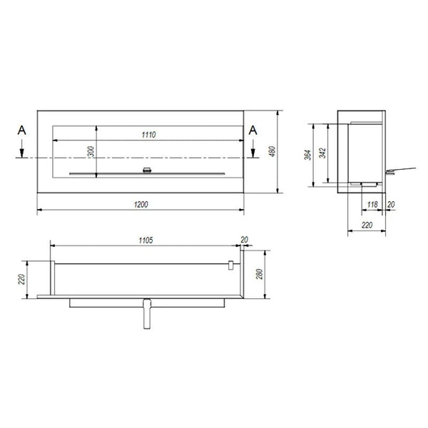 Sarok bio kandalló 120 cm (jobb oldali)