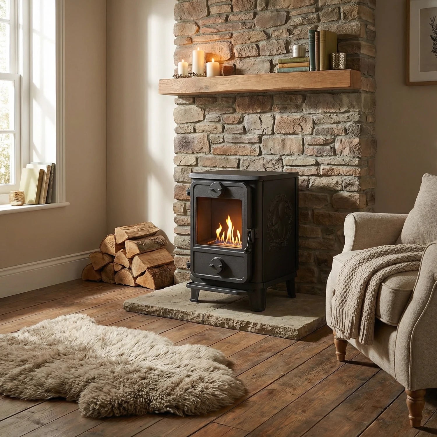 Morsø 1010 black cast iron bioethanol fireplace, designed in a classic wood-burning stove style