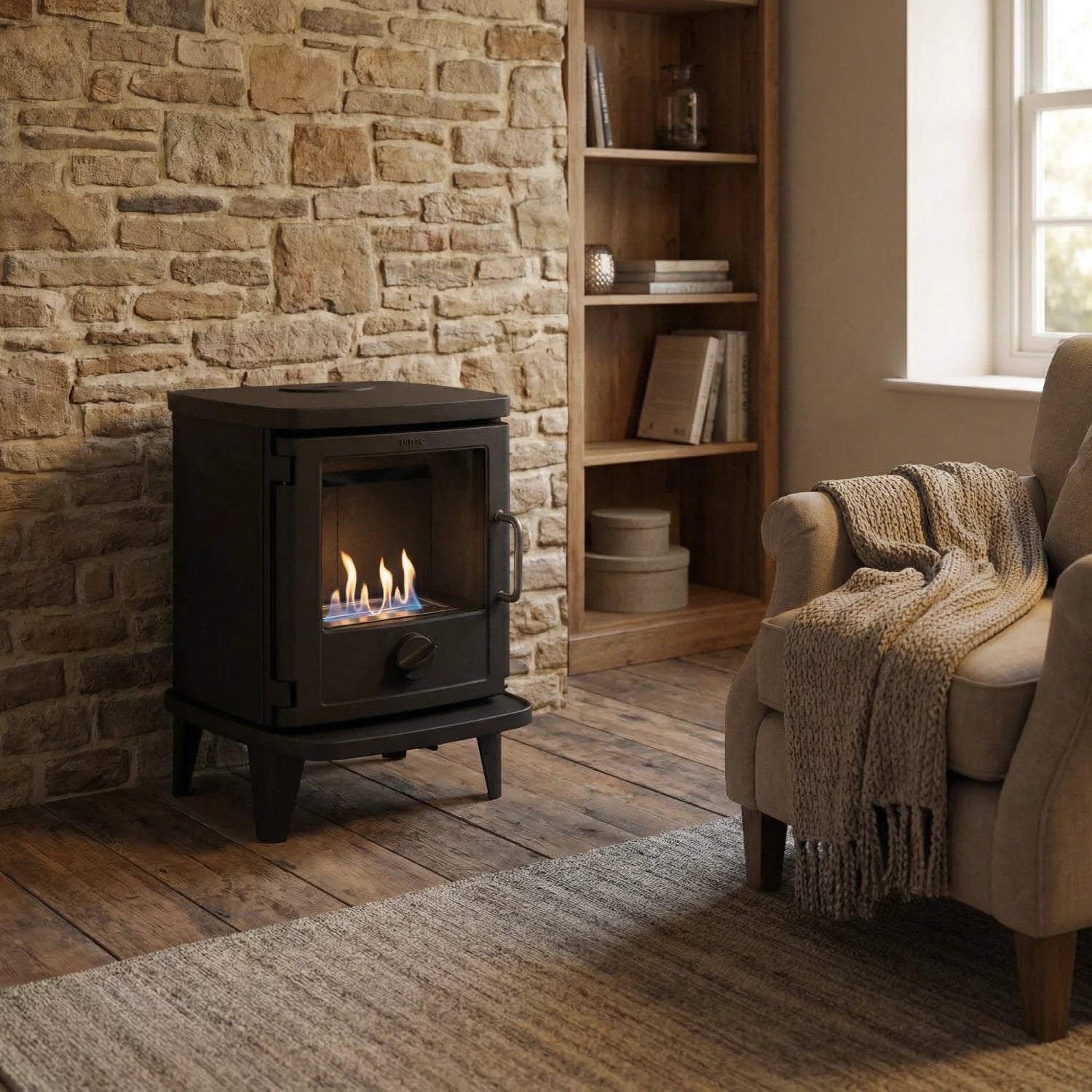 Morsø 3116 freestanding bioethanol fireplace in cast iron with ribbed sides and 150 mm legs