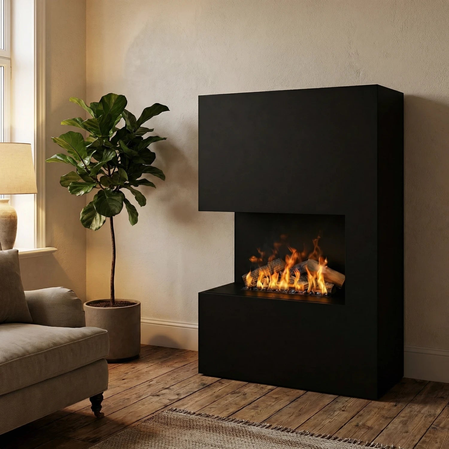 Tucholsky Right Corner Black - OMC 600 | Freestanding Water Vapour Fireplace