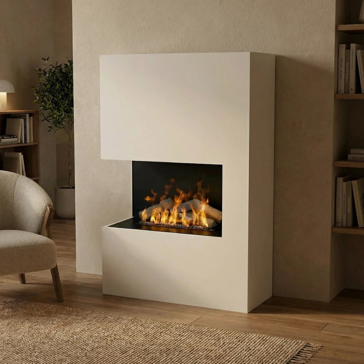 Tucholsky Right Corner White - OMC 600 | Freestanding Water Vapour Fireplace