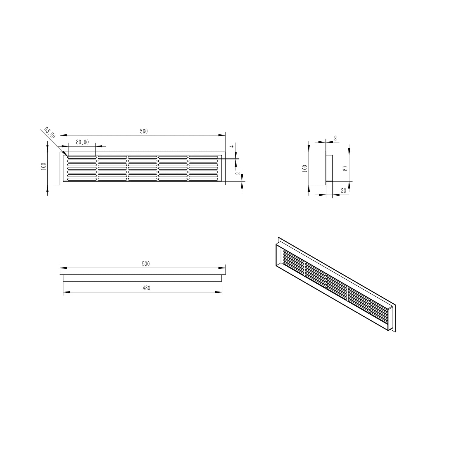 Szellőzőrács fehér – 50x10 cm – 214 cm²