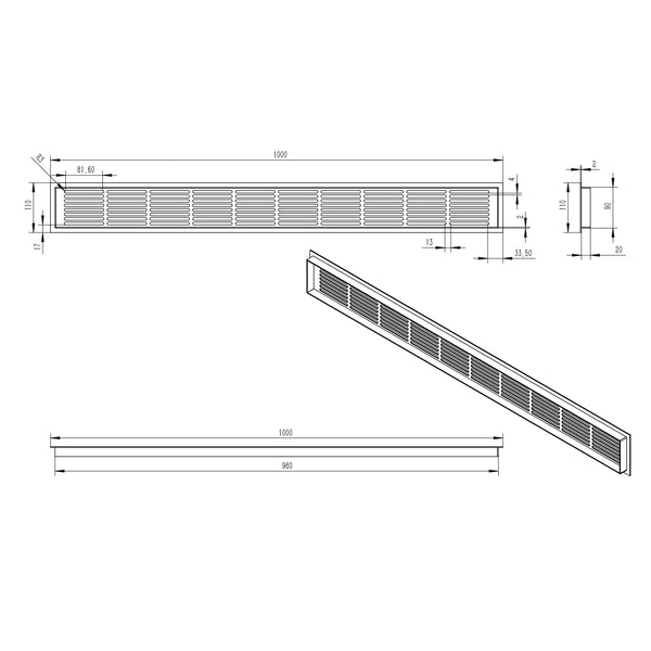 Fekete szellőzőrács – 100x11 cm – 420 cm²